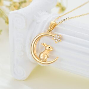 MUUYON 14K Gold Rabbit Necklace for Women, Real Yellow Gold Crescent Moon and Star Pendant Necklace, Easter Jewelry for Ladies Mom Sisters, 16"+1"+1"