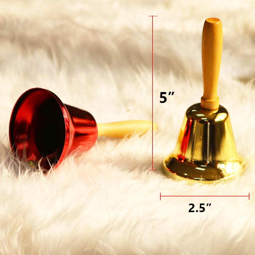 2 Pcs Hand Call Bells Loud Hand Bells Metal Signal Ringing Bell Christmas Santa Bells with Handle for Service Dinner School Classroom Game Pets Wedding Party Animals, Brass Gold & Red