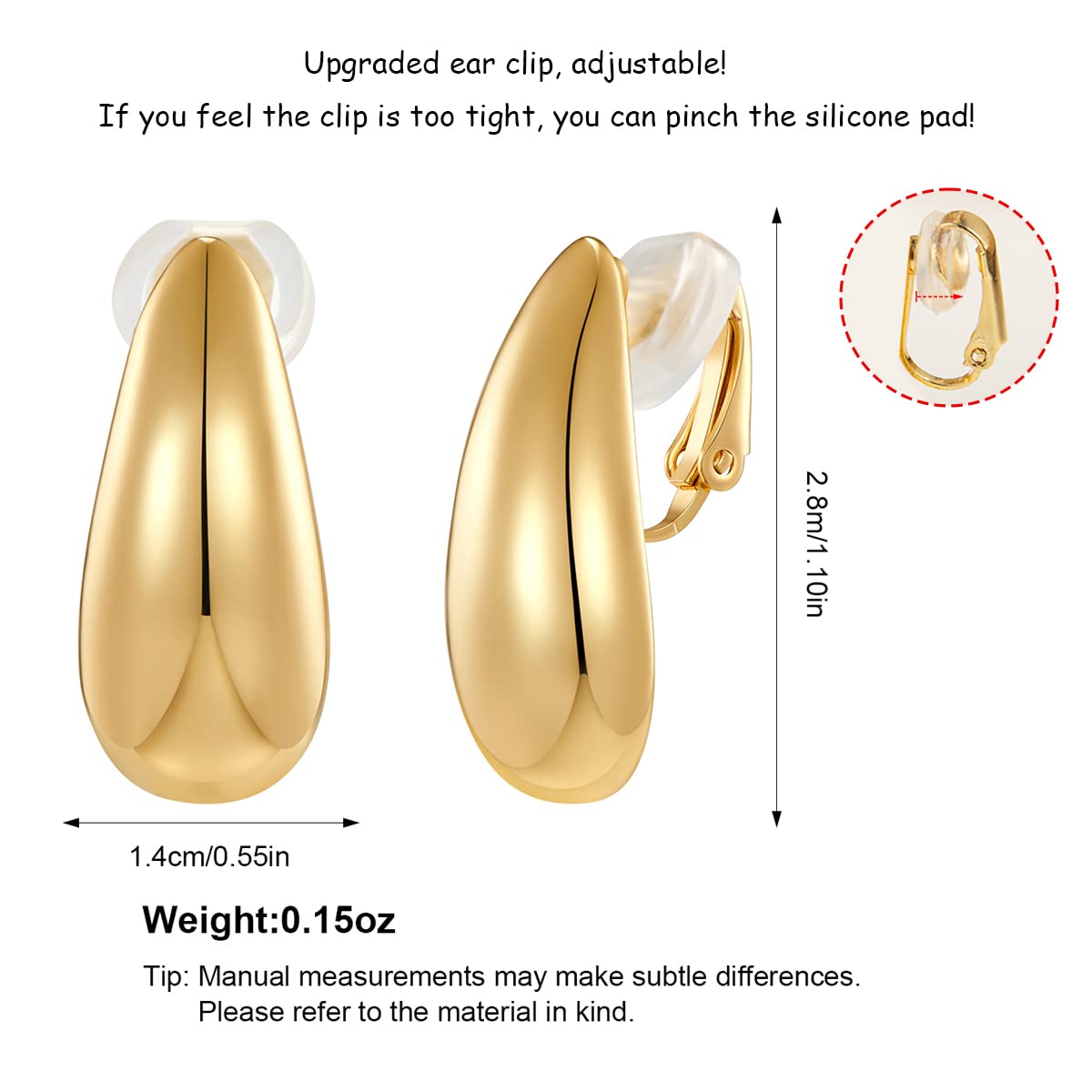 MUYAN Gold Plated Long Waterdrop Clip On Earrings for Women Gold Long Polished Droplet Clip Earrings Lightweight Jewelry