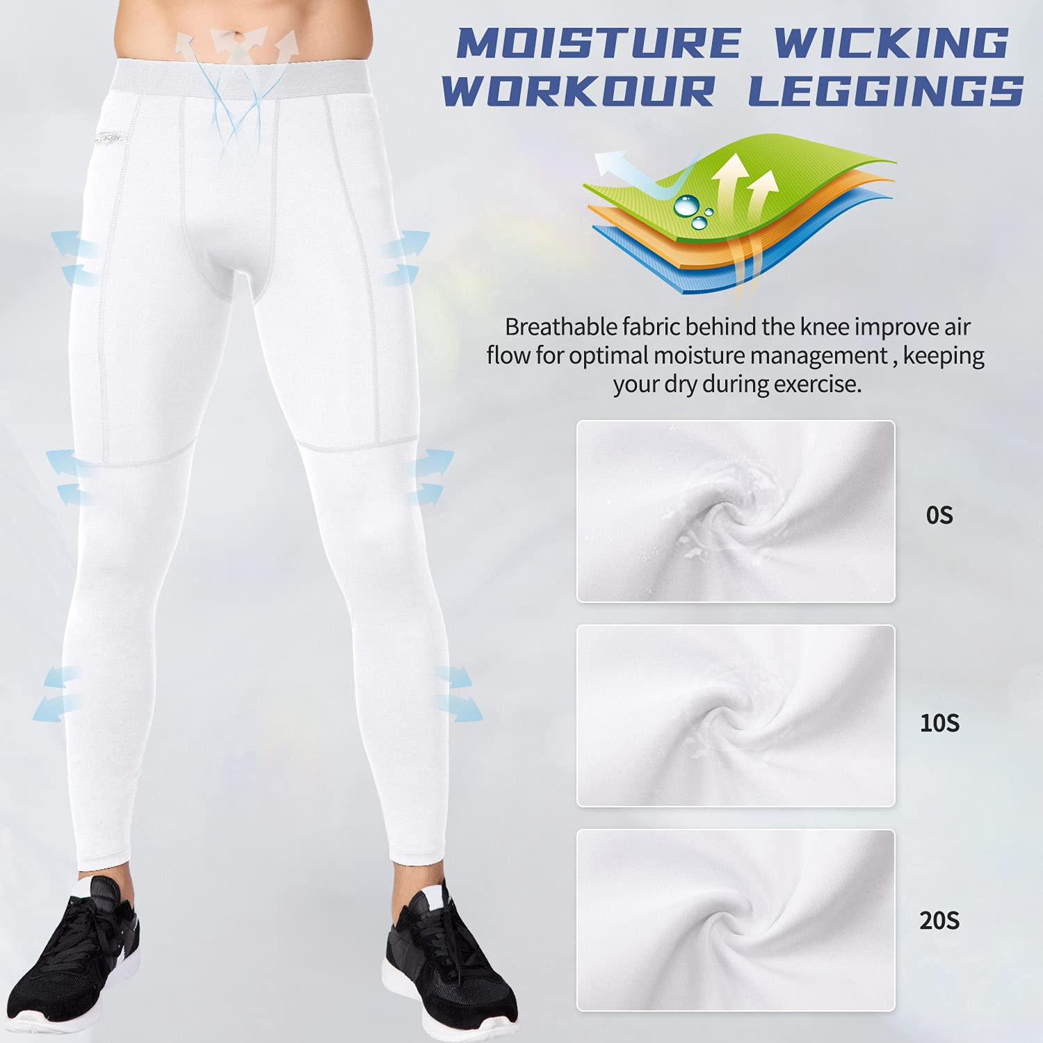 SPVISE Men's White Compression Pants with Zip Pocket Cool Dry Athletic Leggings Tights Workout Baselayer for Running Gym Yoga