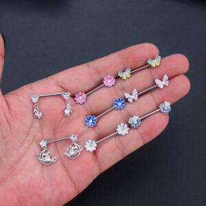 Fashion 14G Daisy Flower Nipple Rings for Women Stainless Steel Flower Nipple Tongue Ring Barbell Nipplerings Belly Nipple Piercing Sexy Body Piercing Jewelry Gifts (Pink)