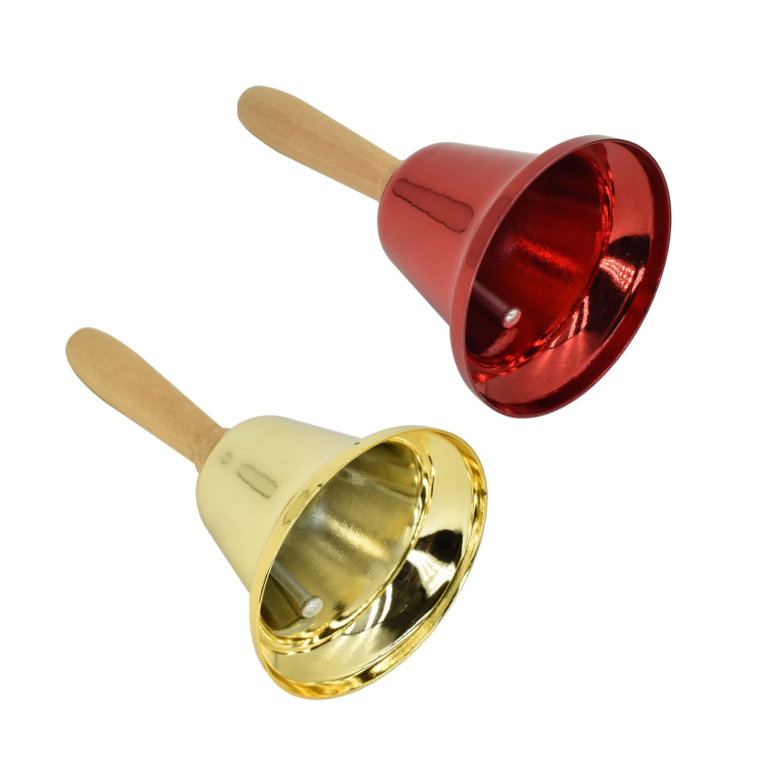 2 Pcs Hand Call Bells Loud Hand Bells Metal Signal Ringing Bell Christmas Santa Bells with Handle for Service Dinner School Classroom Game Pets Wedding Party Animals, Brass Gold & Red