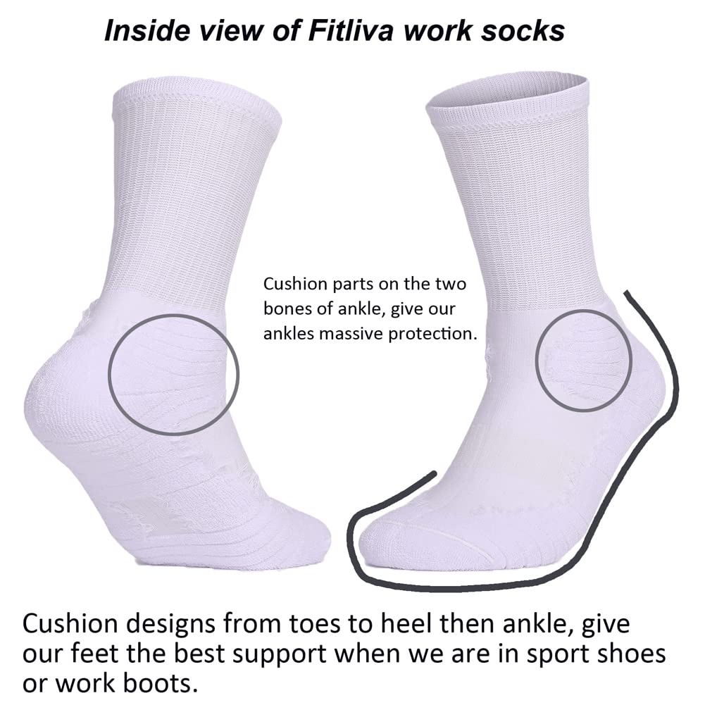 Fitliva Mid Calf Socks Socks Women Men Size 13-15 Steel Toe Boots Socks Ankle Protection 6 Pairs White