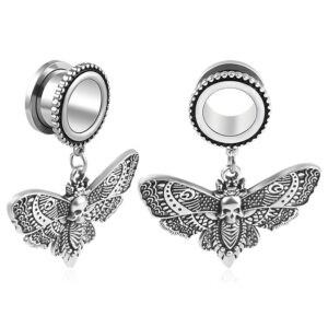 stainless steel dangle death moth screw back ear gauges soscene (25mm-1 inch, silver)