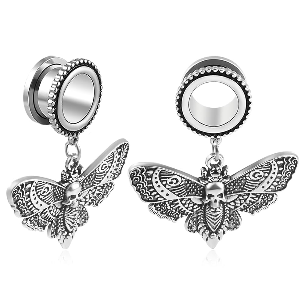 Stainless Steel Dangle death moth screw back ear gauges SoScene (25MM-1 INCH, SILVER)