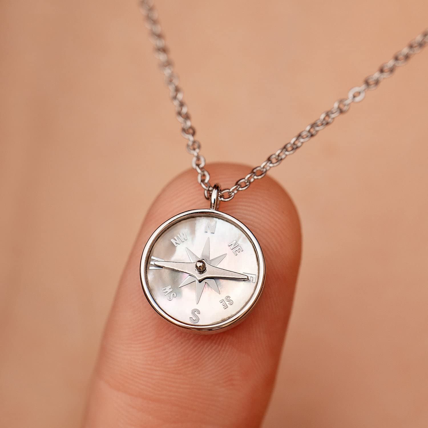 Pura Vida 18" Silver Compass Pendant Necklace - Handmade Statement Necklace with Mother of Pearl Inlay - Silver Necklace for Women, Long Necklaces, Boho Jewelry for Women - 3" Extender