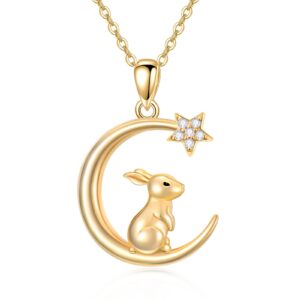 muuyon 14k gold rabbit necklace for women, real yellow gold crescent moon and star pendant necklace, easter jewelry for ladies mom sisters, 16"+1"+1"