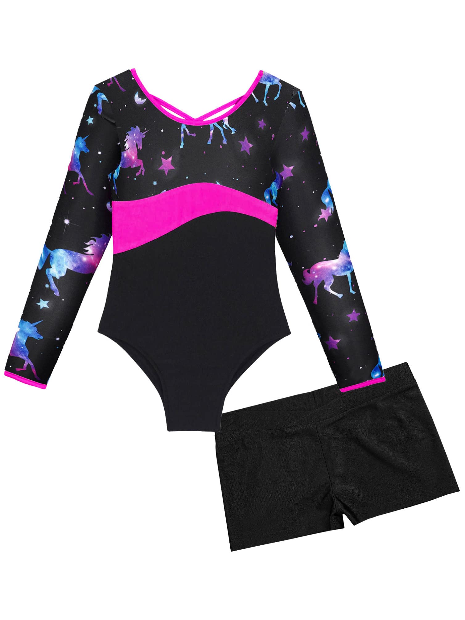 YONGHS Kids Girls Long Sleeve Ballet Dance Leotard with Workout Shorts Gymnastics Unitard Dancewear Night Pegasus 6 Years