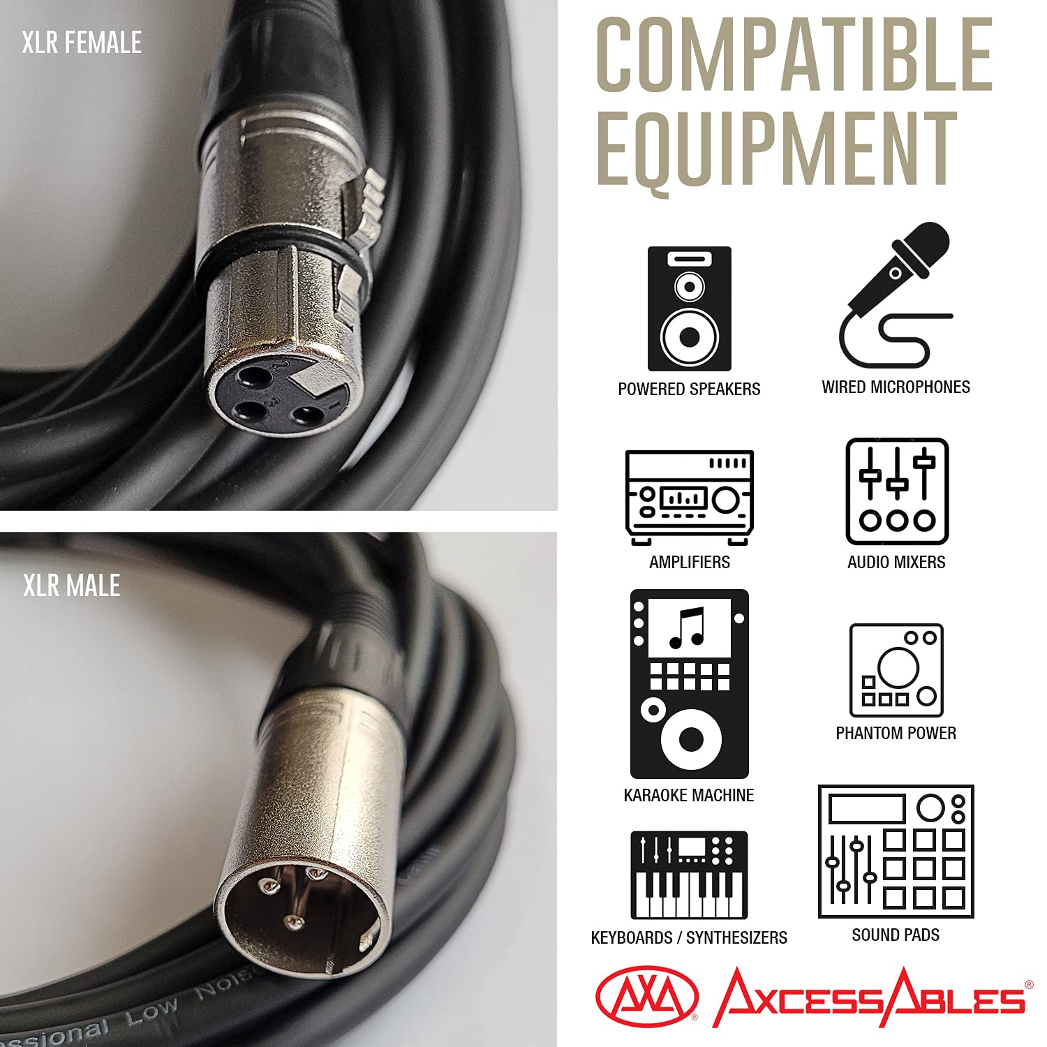 (2-Pack) 50ft XLR Male to Female Microphone Cables by AxcessAbles | 50ft XLR to XLR Balanced Microphone Cords | XLR Microphone Cable | AxcessAbles 50ft XLR Mic Cable (2-Pack)