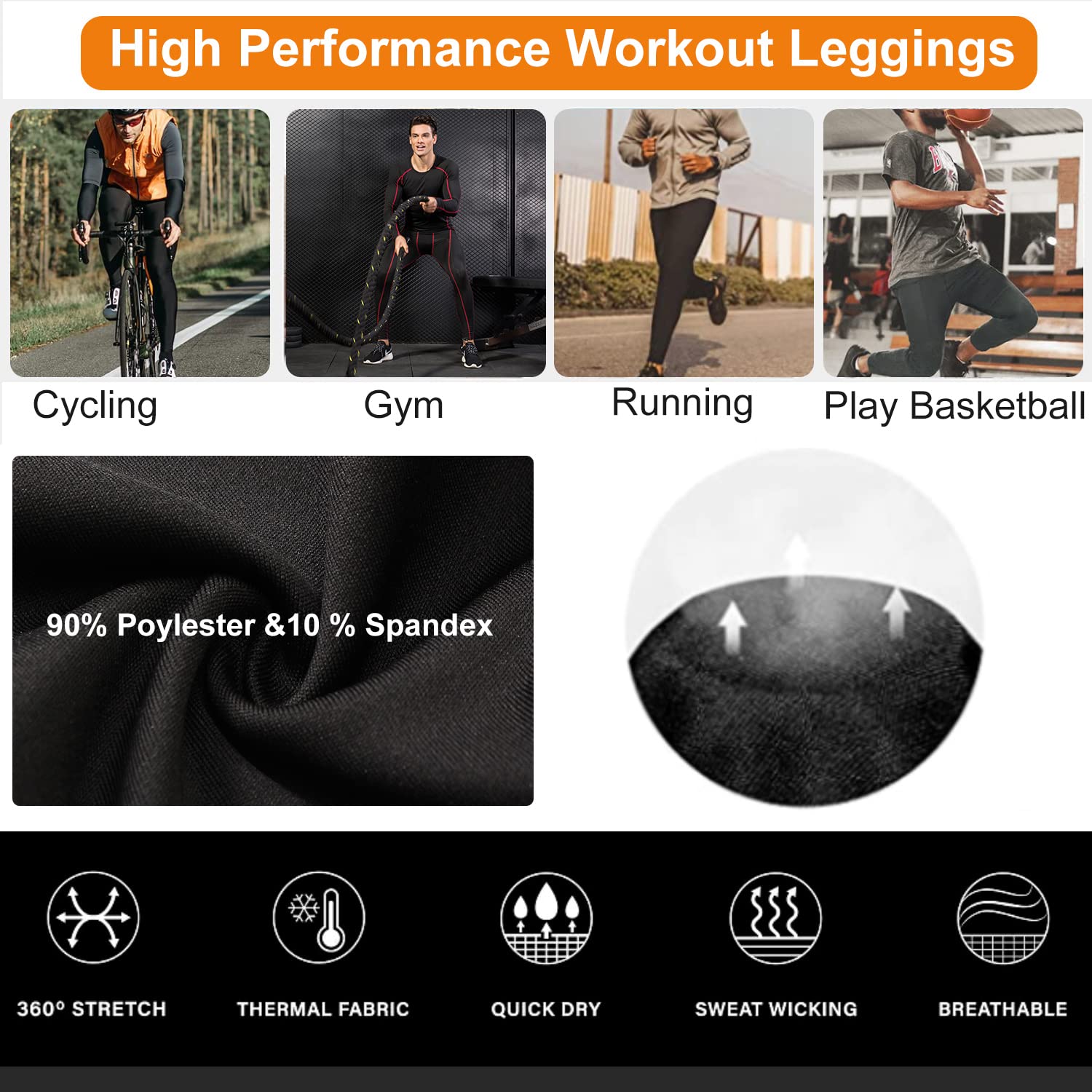 SPVISE Men's White Compression Pants with Zip Pocket Cool Dry Athletic Leggings Tights Workout Baselayer for Running Gym Yoga