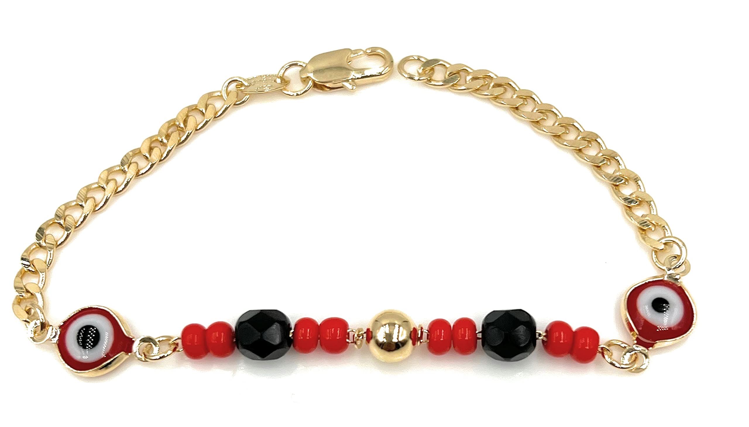 LESLIE BOULES Red Evil Eye Beads Bracelet 18K Gold Plated Chain Charm Azabache