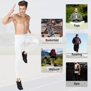 SPVISE Men's White Compression Pants with Zip Pocket Cool Dry Athletic Leggings Tights Workout Baselayer for Running Gym Yoga