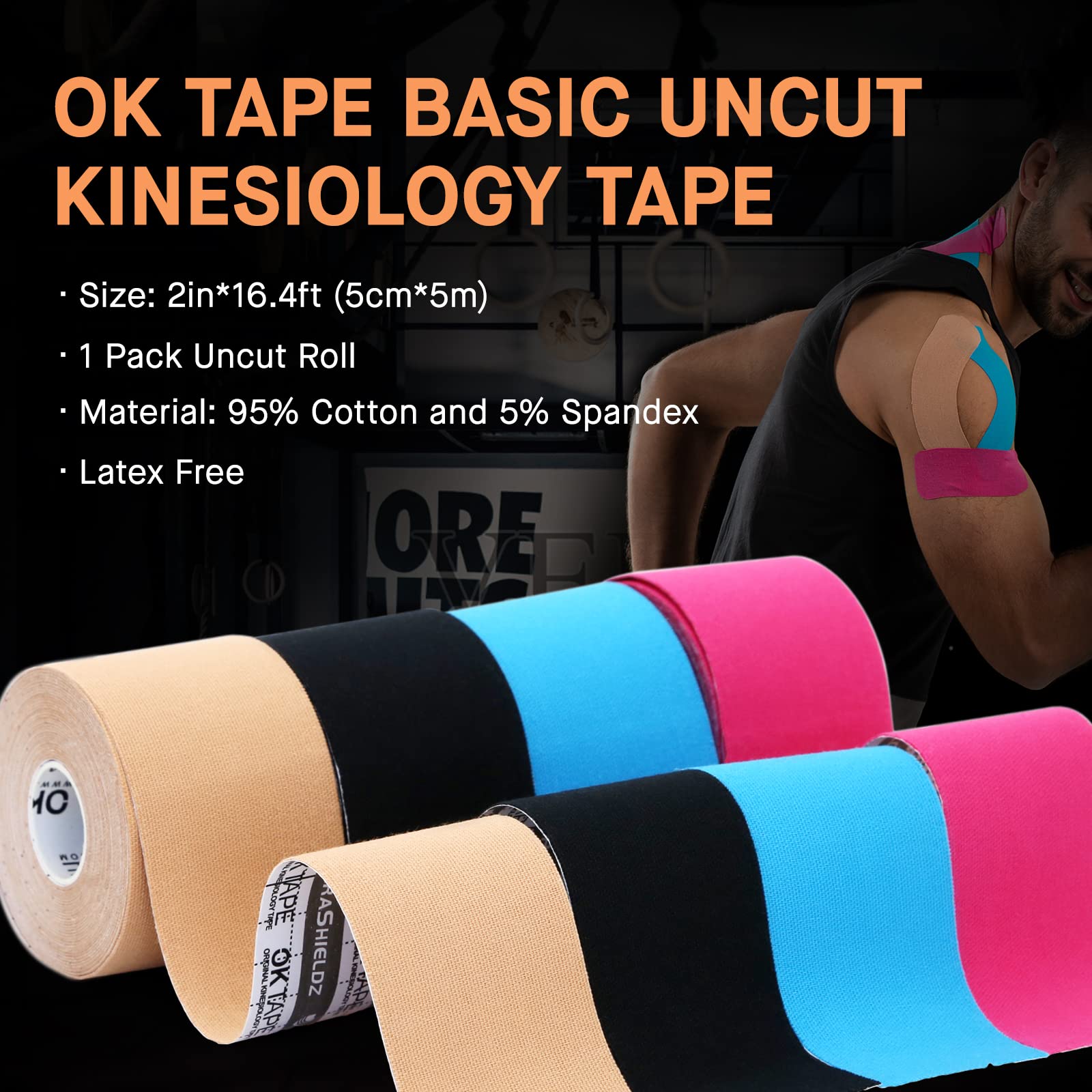 OK TAPE Kinesiology Tape, Sports Athletic Tape Therapeutic Pain Relief, Regular Original Cotton Elastic Tape for Support and Recovery, 2in×16.4ft Uncut Roll - Black