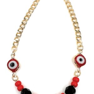 LESLIE BOULES Red Evil Eye Beads Bracelet 18K Gold Plated Chain Charm Azabache