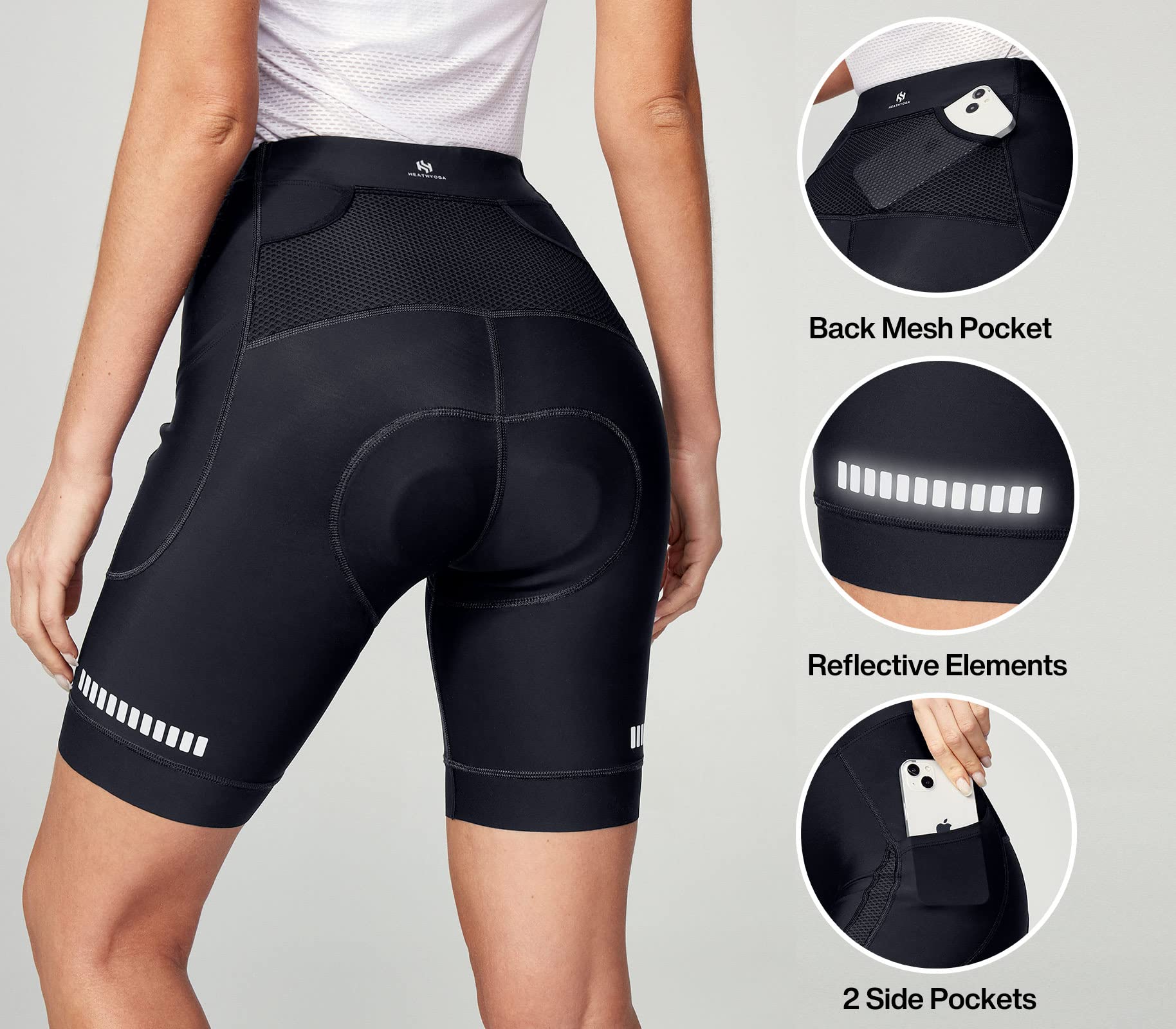 Heathyoga Womens 4D Padded Bike Shorts with Pockets Padding Cycling Shorts Women Bicycle Shorts Biker Biking Shorts Black