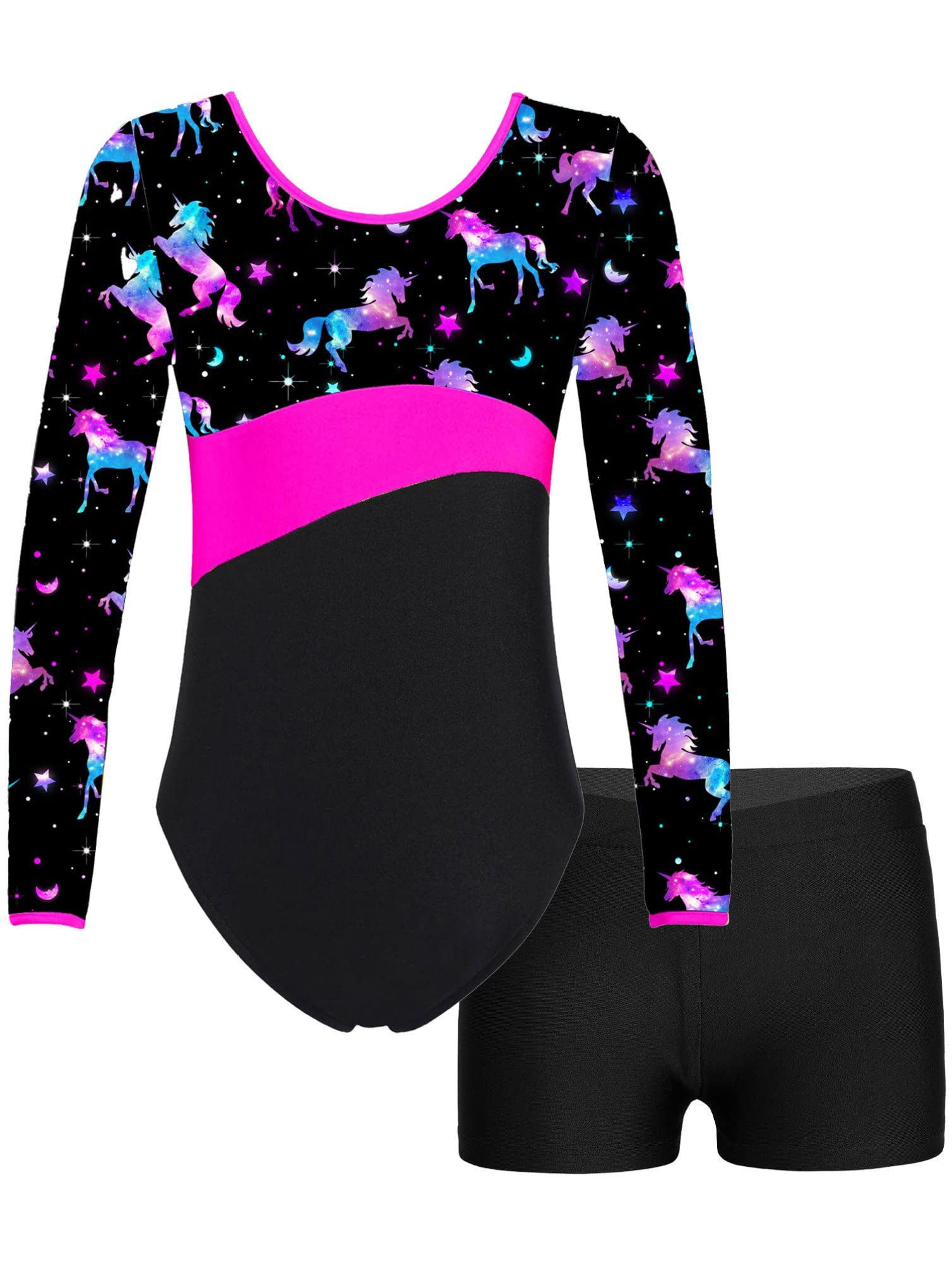 YONGHS Kids Girls Long Sleeve Ballet Dance Leotard with Workout Shorts Gymnastics Unitard Dancewear Night Pegasus 6 Years