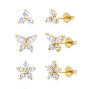 CHESKY Cubic Zirconia Gold Stud Earrings, Hypoallergenic Earrings Set for Women 14K Gold Plated Small CZ Studs Multipack Cartilage Earrings Women for Piercing 3 Pairs