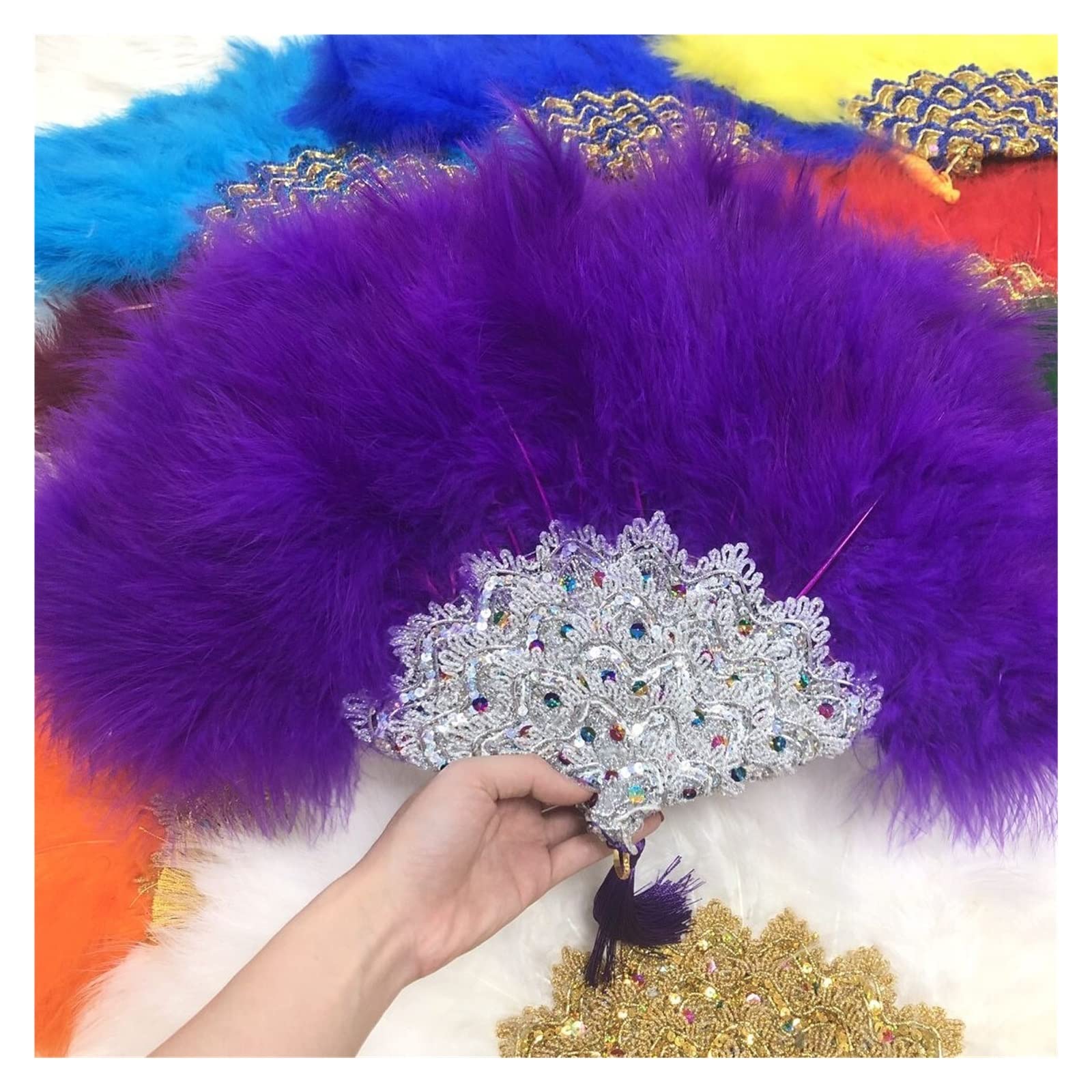 GEM DRILL 2021 African Feather Fan for Bride White Feather Big Fan Double Side Feather Nigerian Feather Handfan Ladies Wedding (Color : 4)