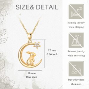 MUUYON 14K Gold Rabbit Necklace for Women, Real Yellow Gold Crescent Moon and Star Pendant Necklace, Easter Jewelry for Ladies Mom Sisters, 16"+1"+1"