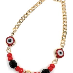 LESLIE BOULES Red Evil Eye Beads Bracelet 18K Gold Plated Chain Charm Azabache