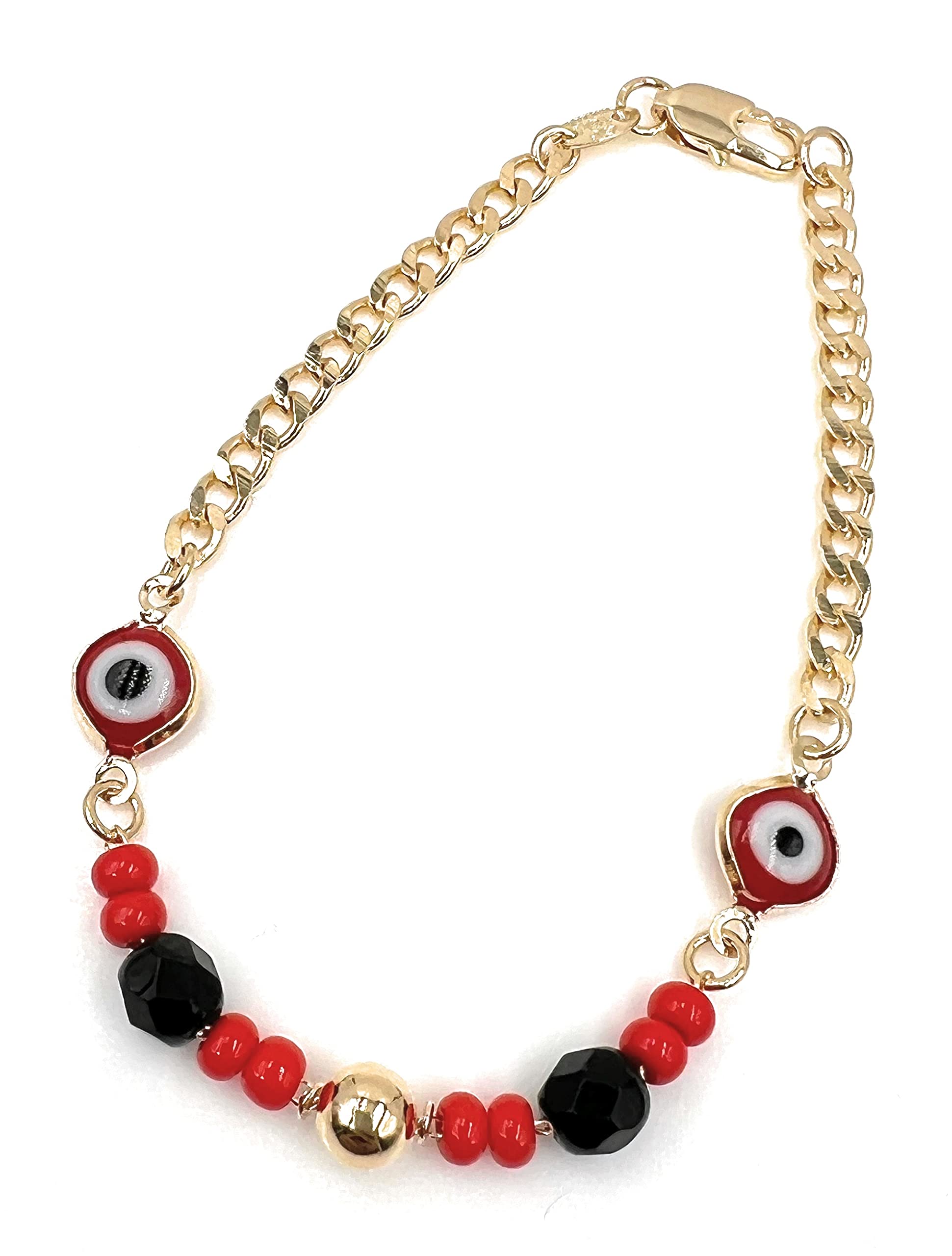 LESLIE BOULES Red Evil Eye Beads Bracelet 18K Gold Plated Chain Charm Azabache