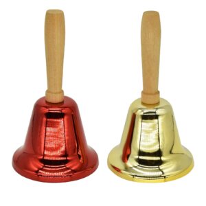 2 pcs hand call bells loud hand bells metal signal ringing bell christmas santa bells with handle for service dinner school classroom game pets wedding party animals, brass gold & red