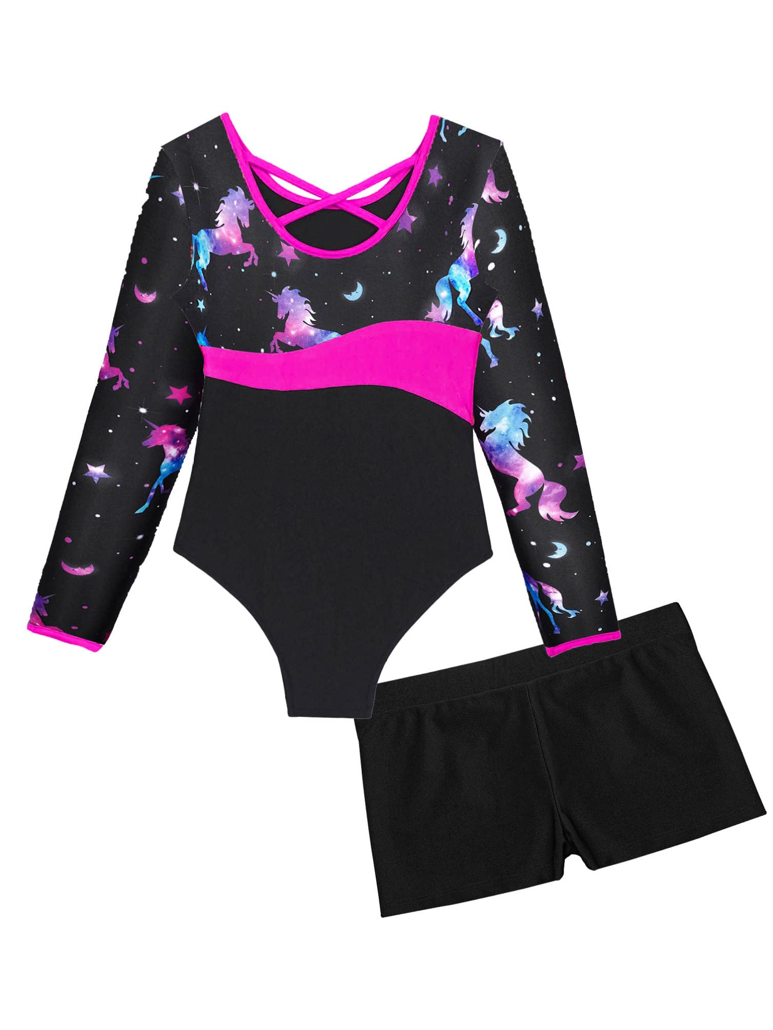 YONGHS Kids Girls Long Sleeve Ballet Dance Leotard with Workout Shorts Gymnastics Unitard Dancewear Night Pegasus 6 Years