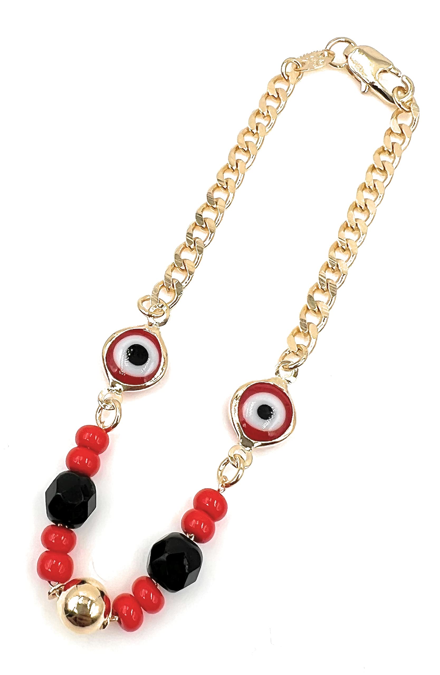 LESLIE BOULES Red Evil Eye Beads Bracelet 18K Gold Plated Chain Charm Azabache