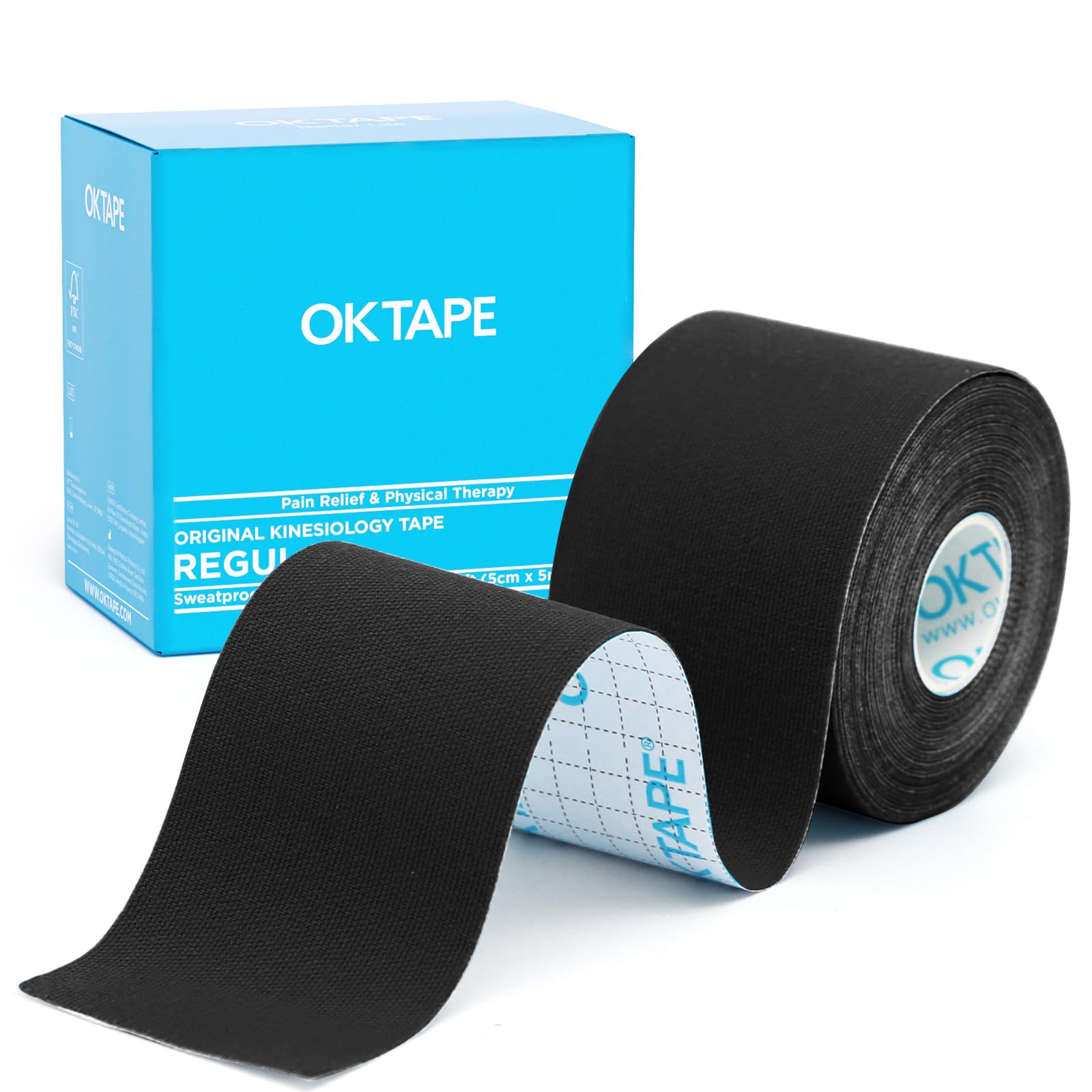 OK TAPE Kinesiology Tape, Sports Athletic Tape Therapeutic Pain Relief, Regular Original Cotton Elastic Tape for Support and Recovery, 2in×16.4ft Uncut Roll - Black