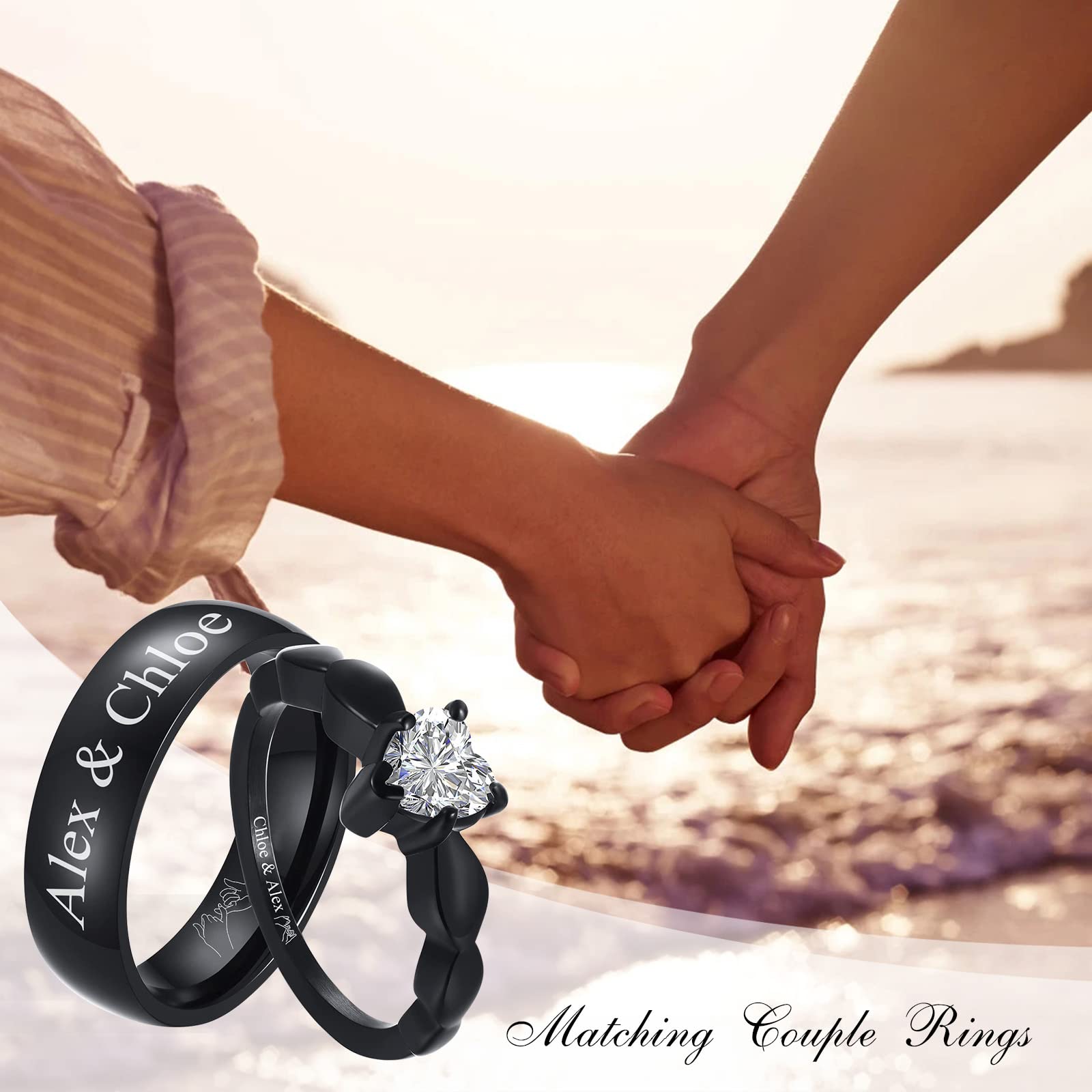 Promise Rings for Couples - Free Engraving Couple Rings Heart Cubic Zirconia Ring Set Gift for Him and Her Christmas Anniversary Birthday Wedding