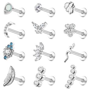 HAIAISO 12PCS Cartilage Earring Stud Piercing for Women 316L Stainless Steel Lip Rings Internally Threaded 16G Helix Labret Tragus Studs Conch Earrings Monroe Medusa Piercing Jewelry Set(Silver)