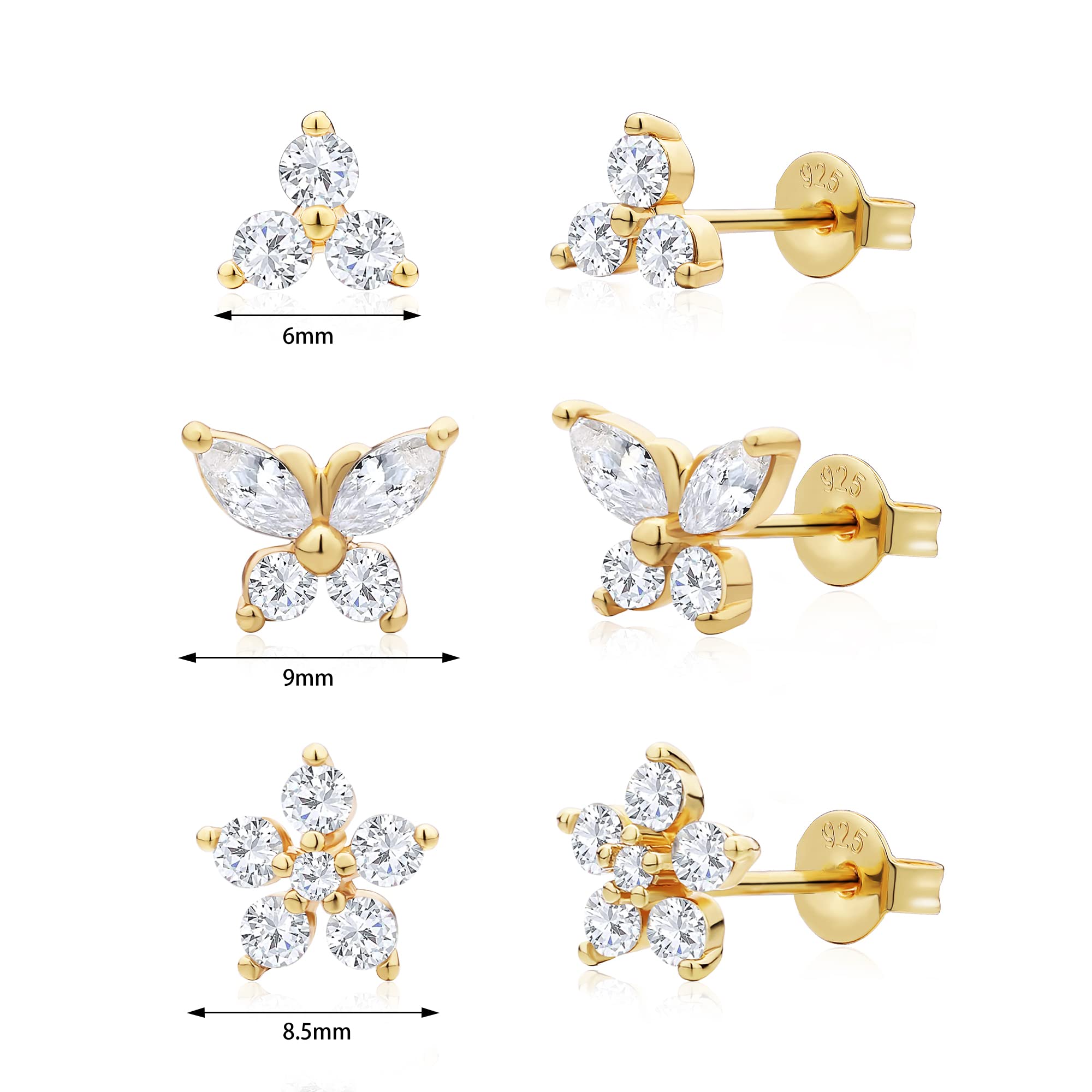 CHESKY Cubic Zirconia Gold Stud Earrings, Hypoallergenic Earrings Set for Women 14K Gold Plated Small CZ Studs Multipack Cartilage Earrings Women for Piercing 3 Pairs