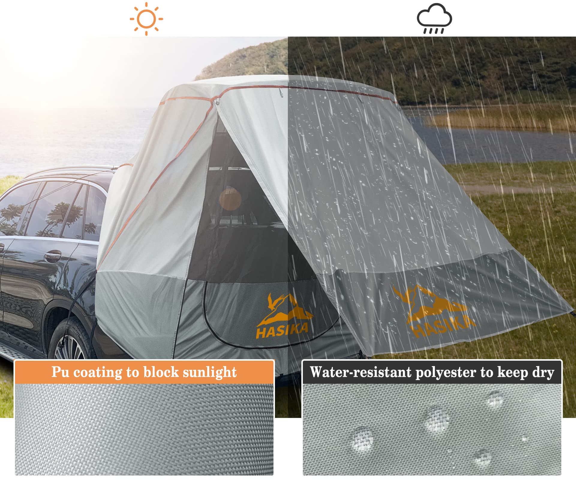 Poles Included Tailgate Shade Awning Tent for Car Camping Road Trip Essentials Small to Midsize SUV Waterproof 3000MM UPF 50+Grey (Large)