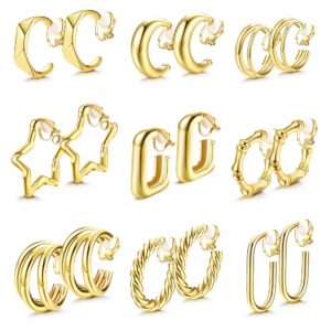 Florideco 9 Pairs 14K Gold Clip On Earrings for Women Fashion Clip On Earrings Gold Silver Chunky Hoop Earrings No Piercing Fake Earrings