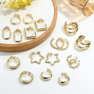 Florideco 9 Pairs 14K Gold Clip On Earrings for Women Fashion Clip On Earrings Gold Silver Chunky Hoop Earrings No Piercing Fake Earrings