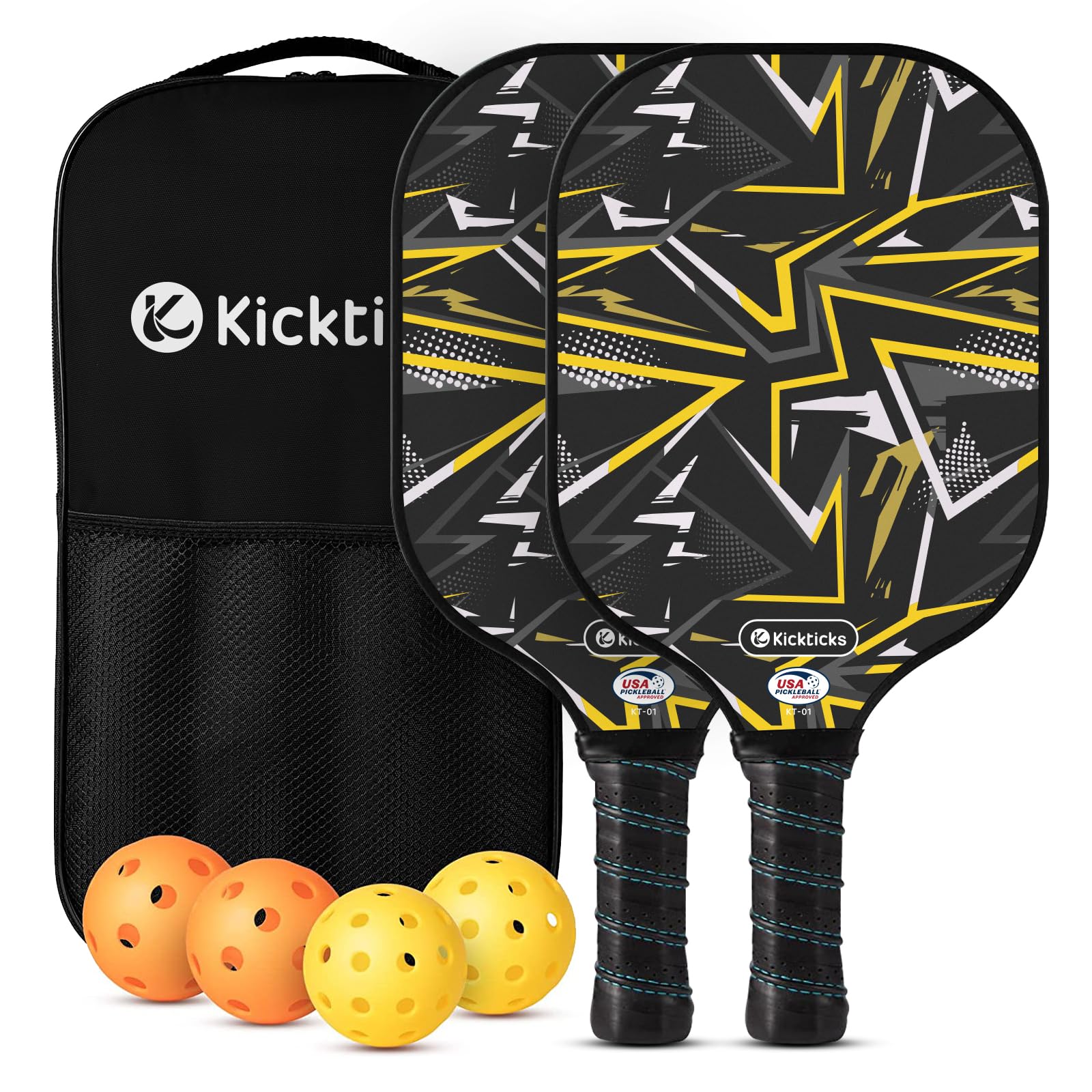 Kickticks 2024 Pickleball Paddles Set - USAPA Approved Carbon Fiber, Graphite Surface, Comfort Grip - Lightweight, Balls & Bag - Ideal for Beginners