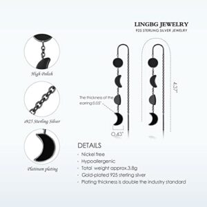 Moon Phase Earrings 925 Sterling Silver Black Threader Earrings for Women Chain Earrings Threader Dangle Drop Earrings Lightweight Earrings Jewelry Gift