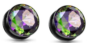 so scene ear gauges surgical steel screw fit cubic zirconia tunnel plugs (6mm-2 gauge, black rainbow gem)