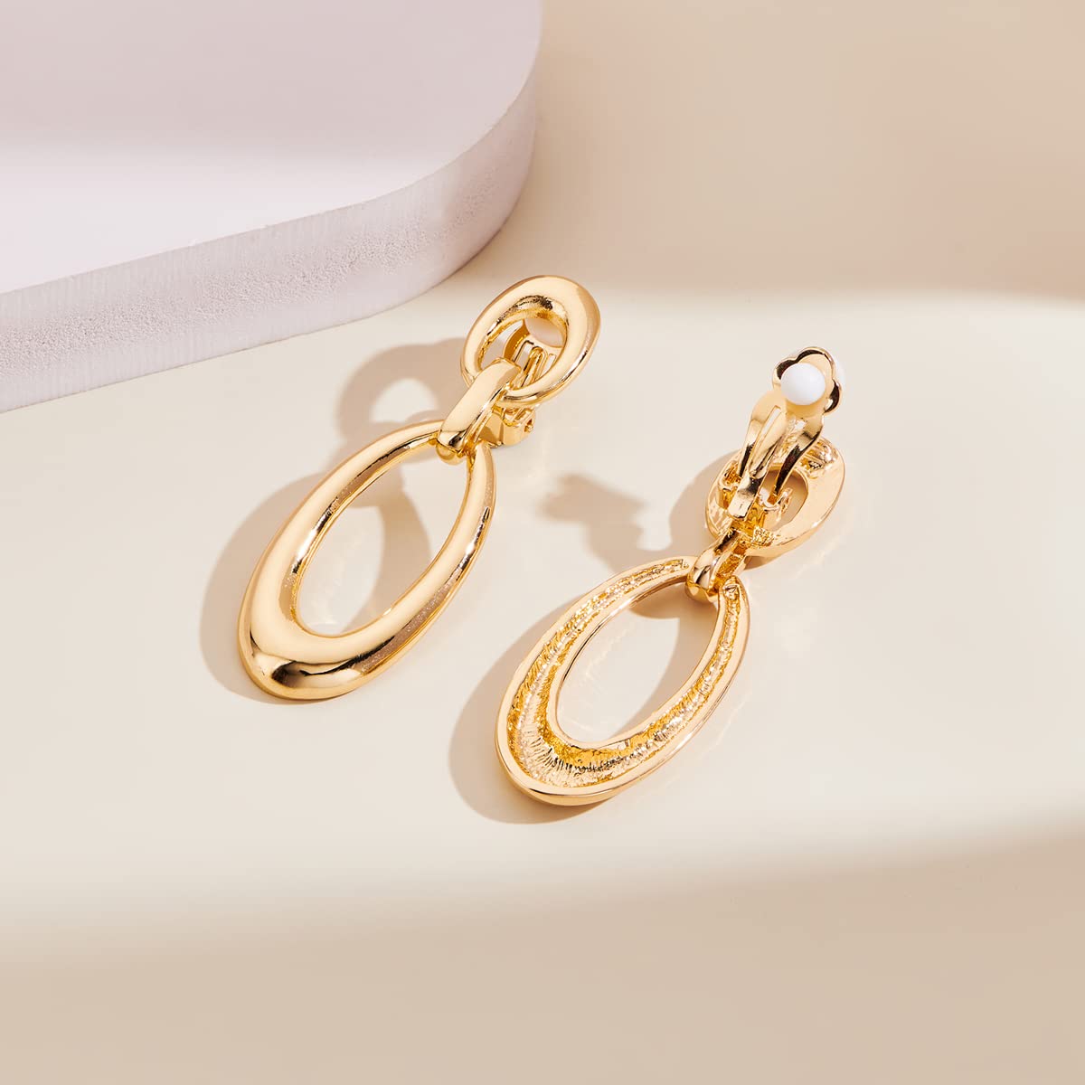 MUYAN Gold Geometric Oval Clip On Drop Earrings for Women Non Piercing Gold Geometric Clip Dangle Earrings Fashion Jewelry