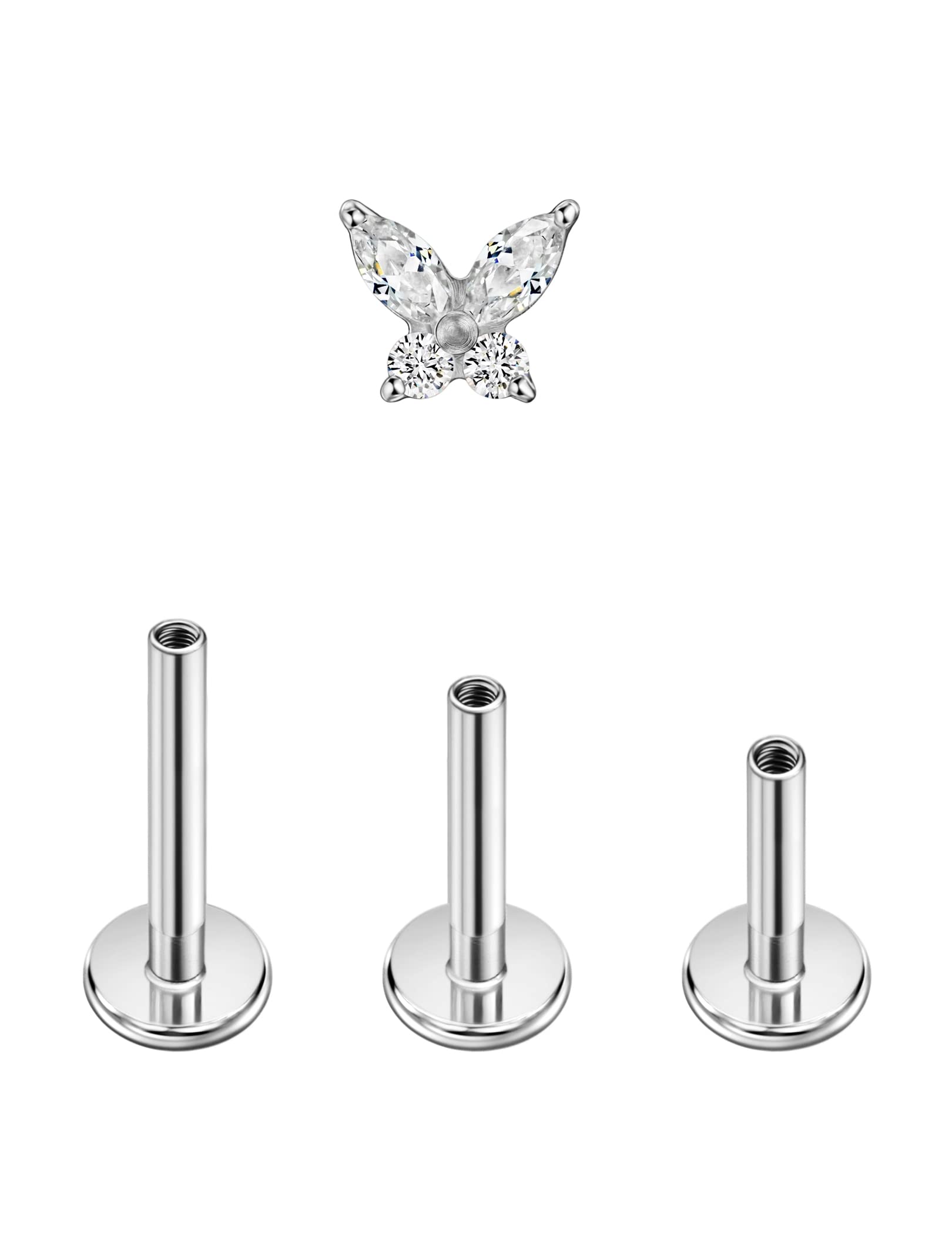 FANSING Clear CZ Butterfly Nose Studs for Women Nostril Silver Earrings Stud Surgical Steel Cartilage Conch Helix Tragus Piercing Jewelry with 16g 6mm 8mm 10mm Internally Threaded Posts