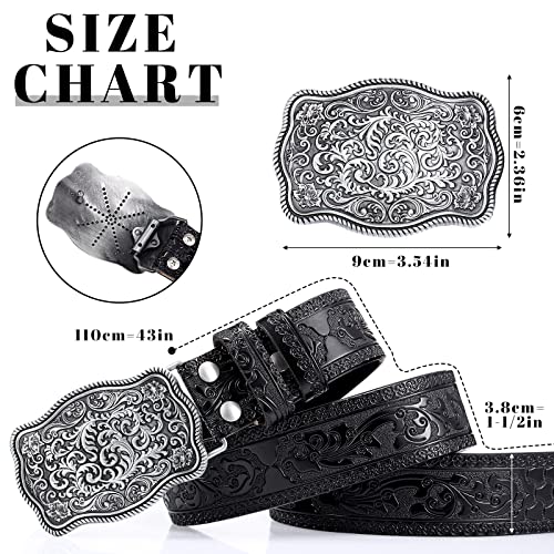 Xuniea Mens Cowboy Western Leather Buckle Belt Engraved Floral Buckle Belt Vintage Embossed Belt, 1-1/2 Inch Wide (Black,45 Inch)