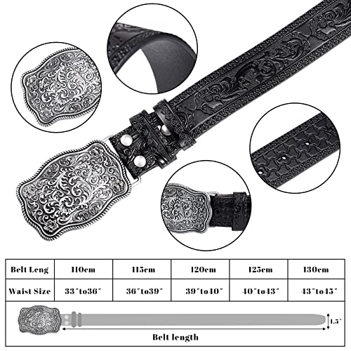 Xuniea Mens Cowboy Western Leather Buckle Belt Engraved Floral Buckle Belt Vintage Embossed Belt, 1-1/2 Inch Wide (Black,45 Inch)