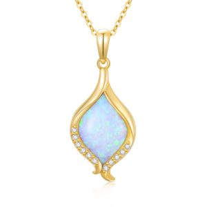 Ayafee 14K Real Gold White Opal with Genuine Diamond Pendant Necklace for Women Opal Jewelry Gift for Birthday Valentine’s Day Chain 16-18" (1/20 ctw, D, VVS1)