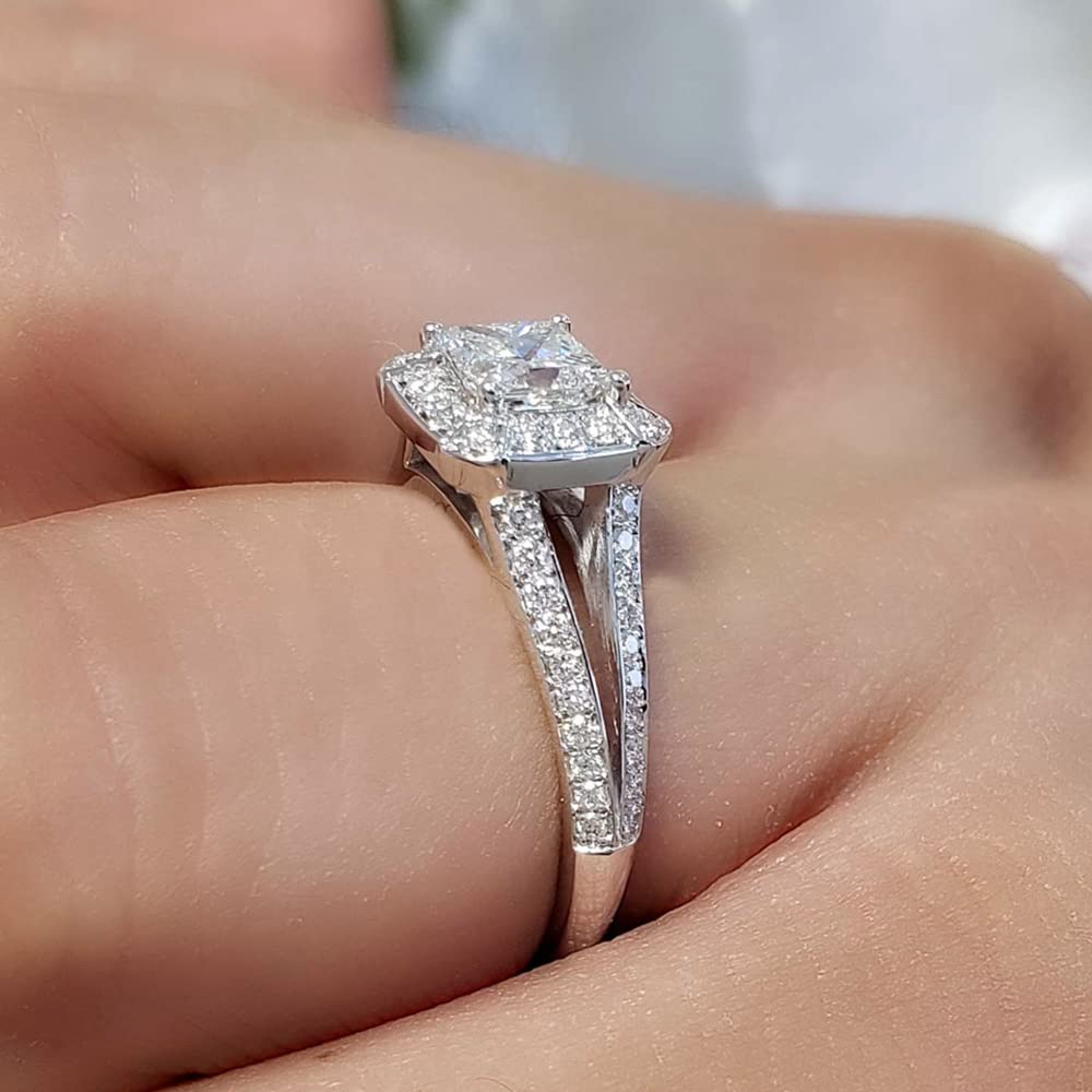 Princess Cut Engagement Rings for Women White Gold 1-1/3 Carat(ctw) Moissanite Engagement Ring Platinum Plated Silver 10K 14K 18K Gold Wedding Anniversary Promise Rings with Text Engraving(Platinum Plated Silver)