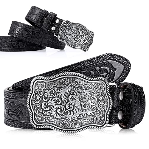 Xuniea Mens Cowboy Western Leather Buckle Belt Engraved Floral Buckle Belt Vintage Embossed Belt, 1-1/2 Inch Wide (Black,45 Inch)