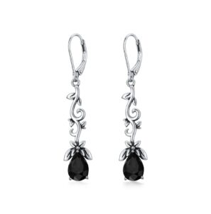 black earrings for women 925 sterling silver vintage oxidized branches dangle drop leverback earrings with jet black crystal, earrings gifts for women