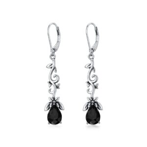 Black Earrings for Women 925 Sterling Silver Vintage Oxidized Branches Dangle Drop Leverback Earrings with Jet Black Crystal, Earrings Gifts for Women