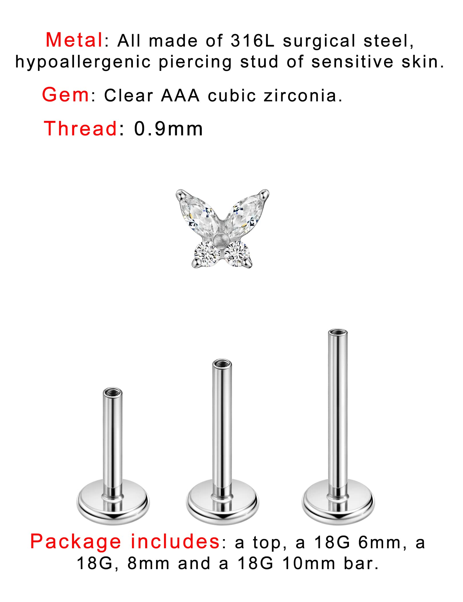 FANSING Clear CZ Butterfly Nose Studs for Women Nostril Piercing Jewelry Silver Earrings Stud Surgical Steel Cartilage Conch Helix Tragus Piercing with 18g 6mm 8mm 10mm Internally Threaded Posts