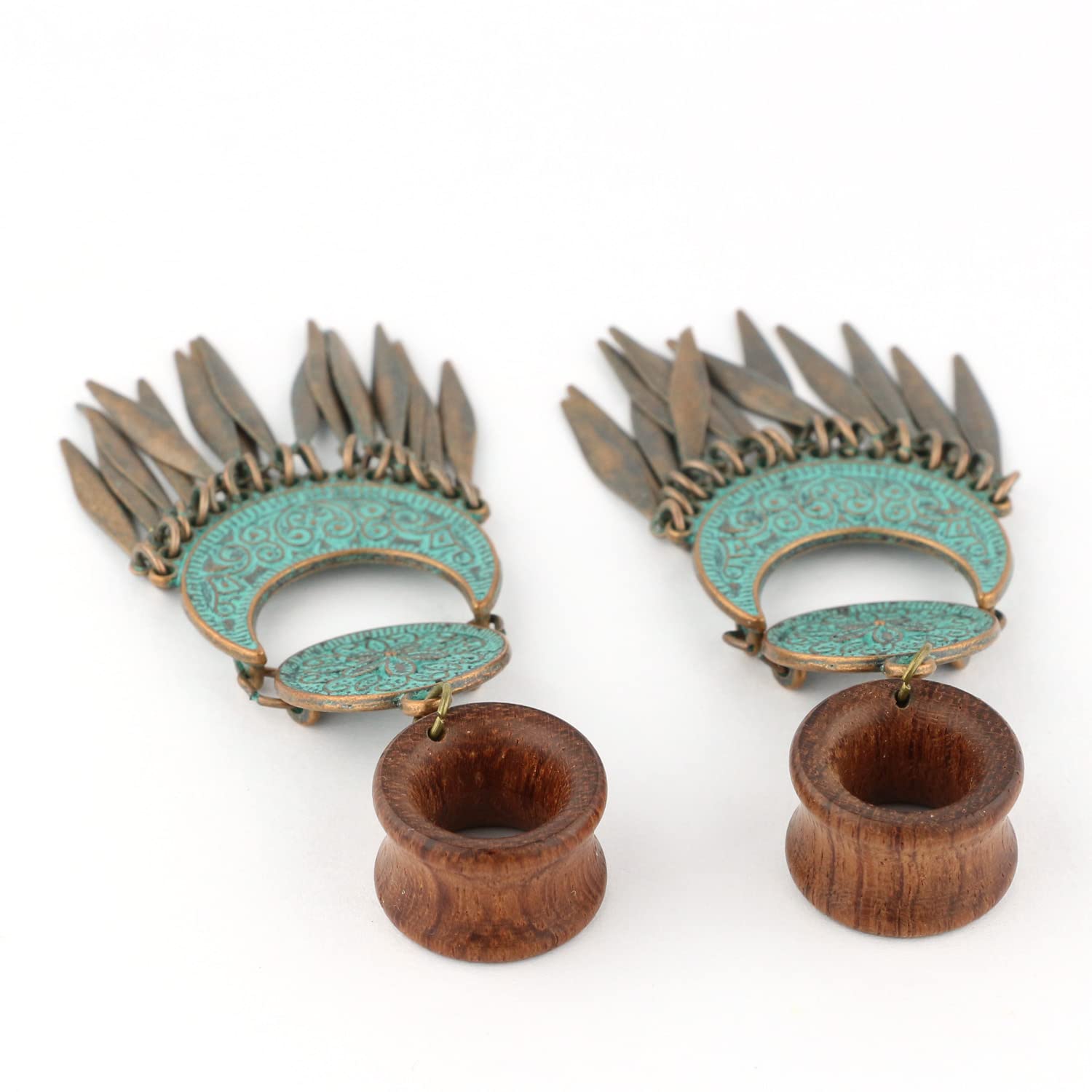 Balala 7/8" 22mm Verdigris Antique Brass Wood Dangle Ear Gauges Piercing Flesh Tunnels Plugs Statement Earrings