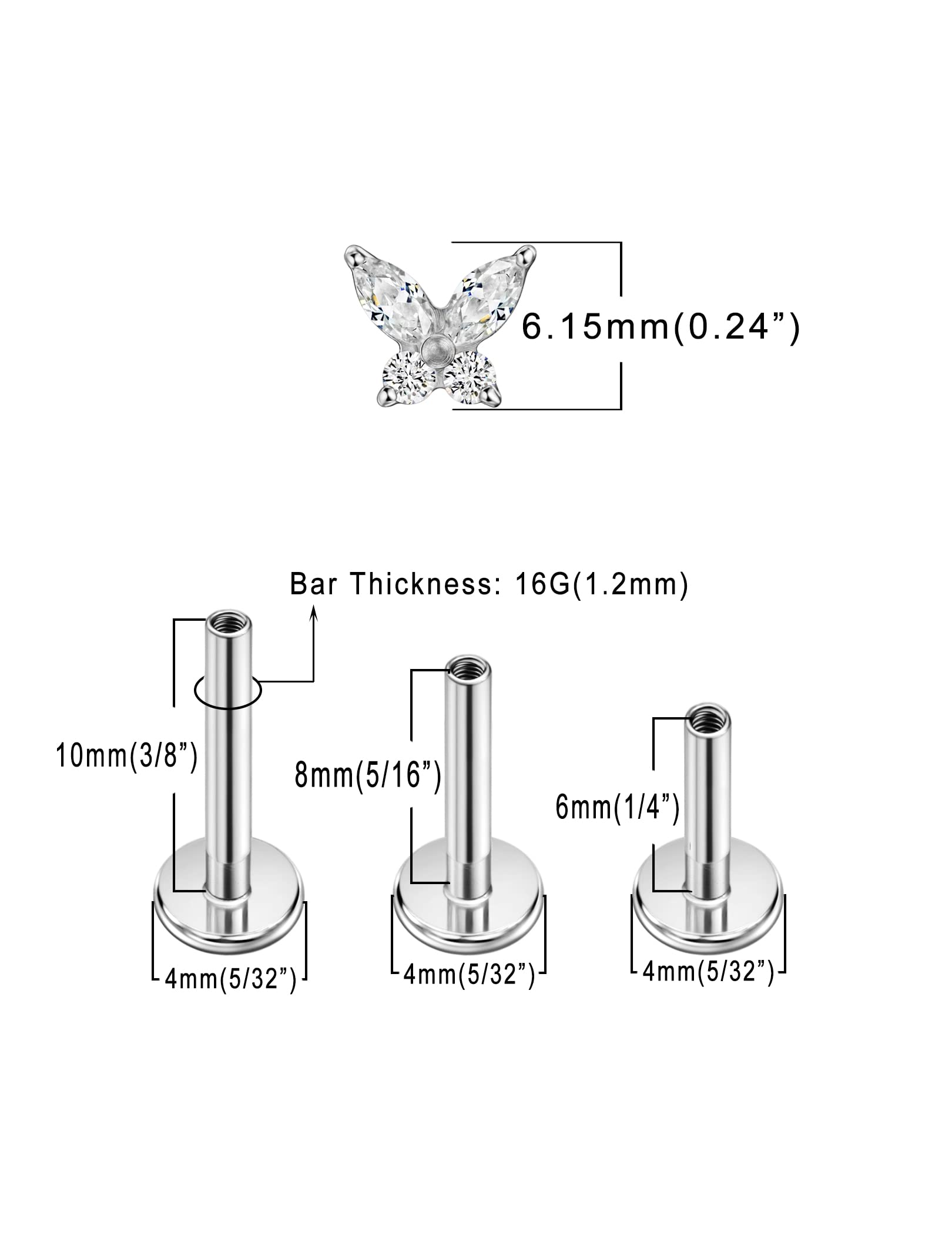 FANSING Clear CZ Butterfly Nose Studs for Women Nostril Silver Earrings Stud Surgical Steel Cartilage Conch Helix Tragus Piercing Jewelry with 16g 6mm 8mm 10mm Internally Threaded Posts